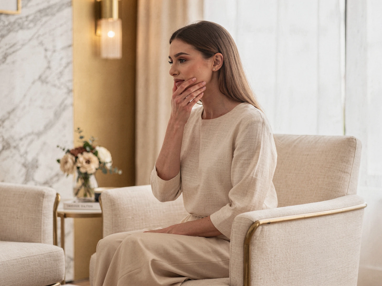 Woman holding her cheek in discomfort while sitting in a modern dental office waiting area